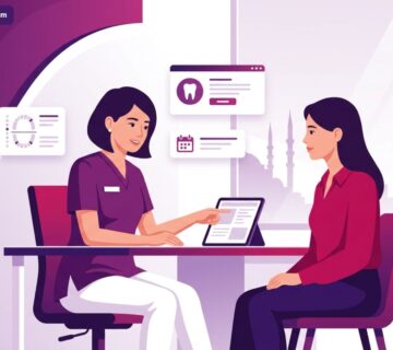 رسم توضيحي متطور لطبيب يشرح تفاصيل العلاج لمريض داخل أفضل عيادة اسنان في تركيا 