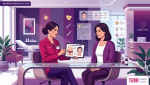 رسم توضيحي يظهر طبيباً يشرح للمريض في عيادة فخمة أبرز فوائد حقن الدهون الذاتية للوجه جراحياً 
