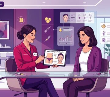 رسم توضيحي يظهر طبيباً يشرح للمريض في عيادة فخمة أبرز فوائد حقن الدهون الذاتية للوجه جراحياً 