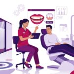 رسم توضيحي يظهر طبيب أسنان يشرح إجراءات قص اللثة في تركيا للمريض داخل عيادة طبية فاخرة 