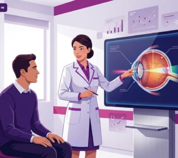 رسوم توضيحية لعيادة طبية حديثة تشرح كم تكلفة عملية تغيير لون العين بالليزر للمرضى بأسلوب عصري 