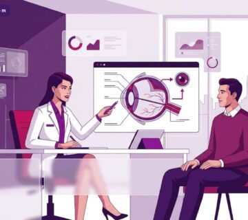 رسم توضيحي عصري يظهر طبيب يشرح عملية كيف اغير لون عيوني في تركيا لمريض داخل عيادة فاخرة بألوان أرجوانية 