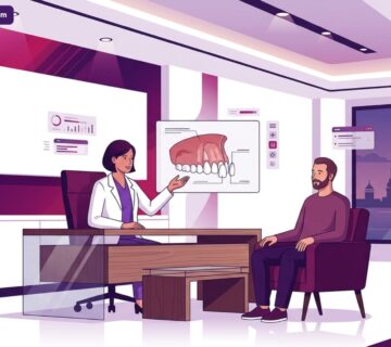 رسم توضيحي لعيادة طب أسنان حديثة يشرح فيها الطبيب تفاصيل لومينير الاسنان في تركيا للمريض 