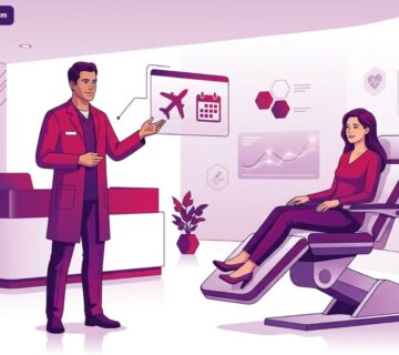 رسم توضيحي طبي فاخر يوضح نصائح وإرشادات حول متى يمكن السفر بعد عمليات التجميل؟ في عيادة حديثة 