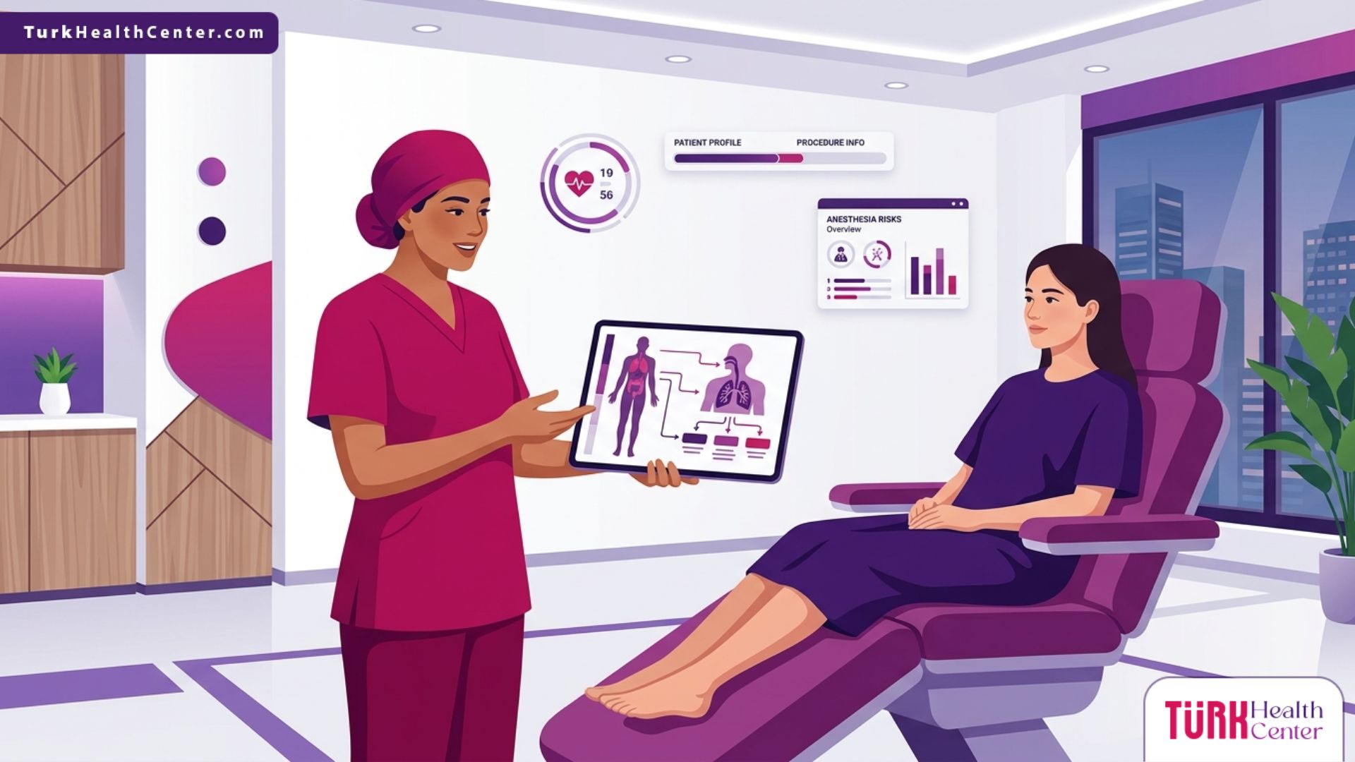 توضيح طبي يمثل مخاطر التخدير العام في عمليات التجميل في عيادة حديثة