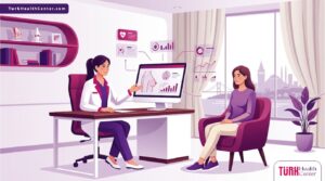 رسم توضيحي يظهر طبيب يشرح مخاطر تصغير الثدي في تركيا للمريض داخل عيادة طبية حديثة 
