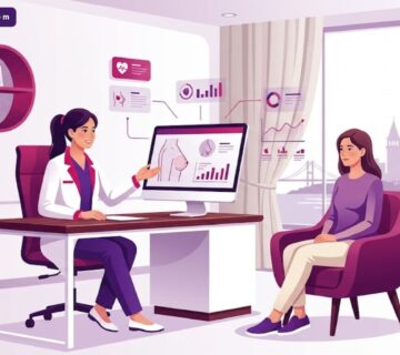 رسم توضيحي يظهر طبيب يشرح مخاطر تصغير الثدي في تركيا للمريض داخل عيادة طبية حديثة 