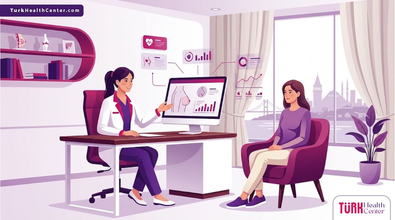رسم توضيحي يظهر طبيب يشرح مخاطر تصغير الثدي في تركيا للمريض داخل عيادة طبية حديثة 