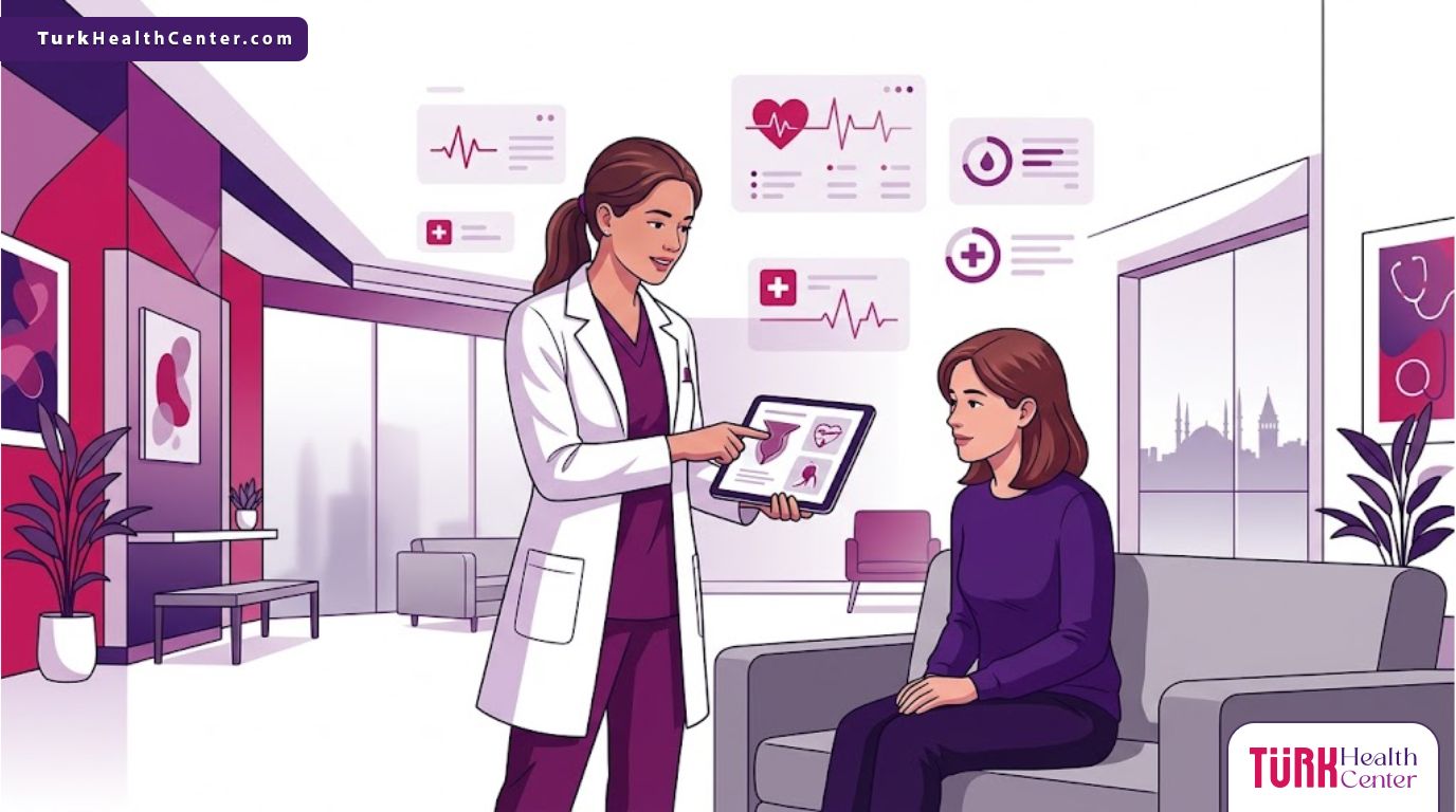 رسوم توضيحية طبية تشرح مخاطر تكبير الثدي في تركيا داخل عيادة حديثة لضمان توعية المريضة 