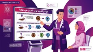 رسوم توضيحية لعيادة طبية حديثة تشرح إجراءات مراكز تغيير لون العين في تركيا 