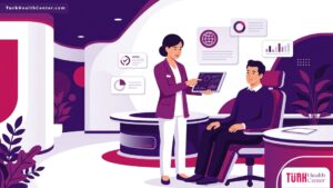 رسم توضيحي يظهر طبيباً يشرح معايير الجودة العالمية JCI في تركيا داخل عيادة طبية حديثة