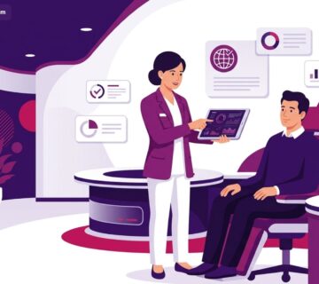 رسم توضيحي يظهر طبيباً يشرح معايير الجودة العالمية JCI في تركيا داخل عيادة طبية حديثة