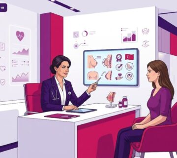 رسم توضيحي يظهر طبيب يشرح ميزات تكبير الثدي في تركيا لمريضة داخل عيادة فاخرة بألوان أرجوانية عصرية 