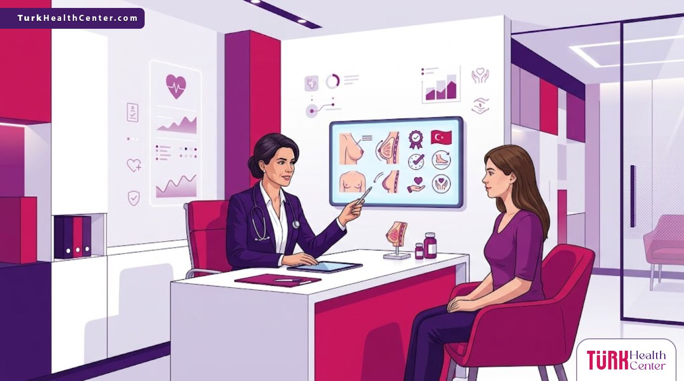 رسم توضيحي يظهر طبيب يشرح ميزات تكبير الثدي في تركيا لمريضة داخل عيادة فاخرة بألوان أرجوانية عصرية 