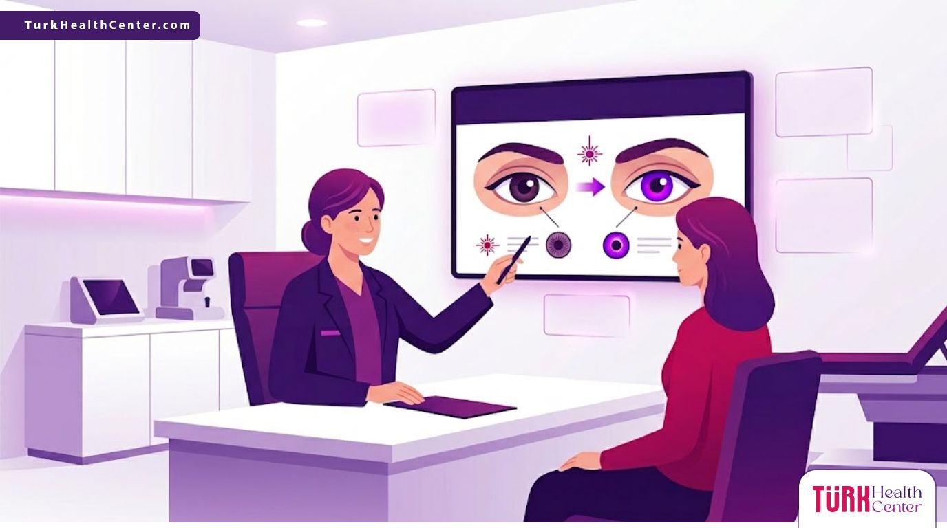 رسم توضيحي يظهر طبيبًا يشرح تفاصيل نتائج عملية تغيير لون العين لمريض في عيادة حديثة 