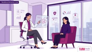 رسم توضيحي يظهر طبيباً يشرح للمريض استفسار هل جراحة الترميم مشمولة بالتأمين؟ في عيادة طبية فاخرة 