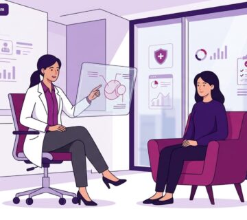 رسم توضيحي يظهر طبيباً يشرح للمريض استفسار هل جراحة الترميم مشمولة بالتأمين؟ في عيادة طبية فاخرة 