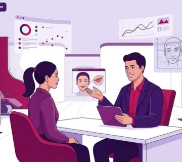 رسم توضيحي لطبيب في عيادة تجميل يشرح للمريض استفسار هل عملية رفع زوايا الفم تترك ندوباً؟