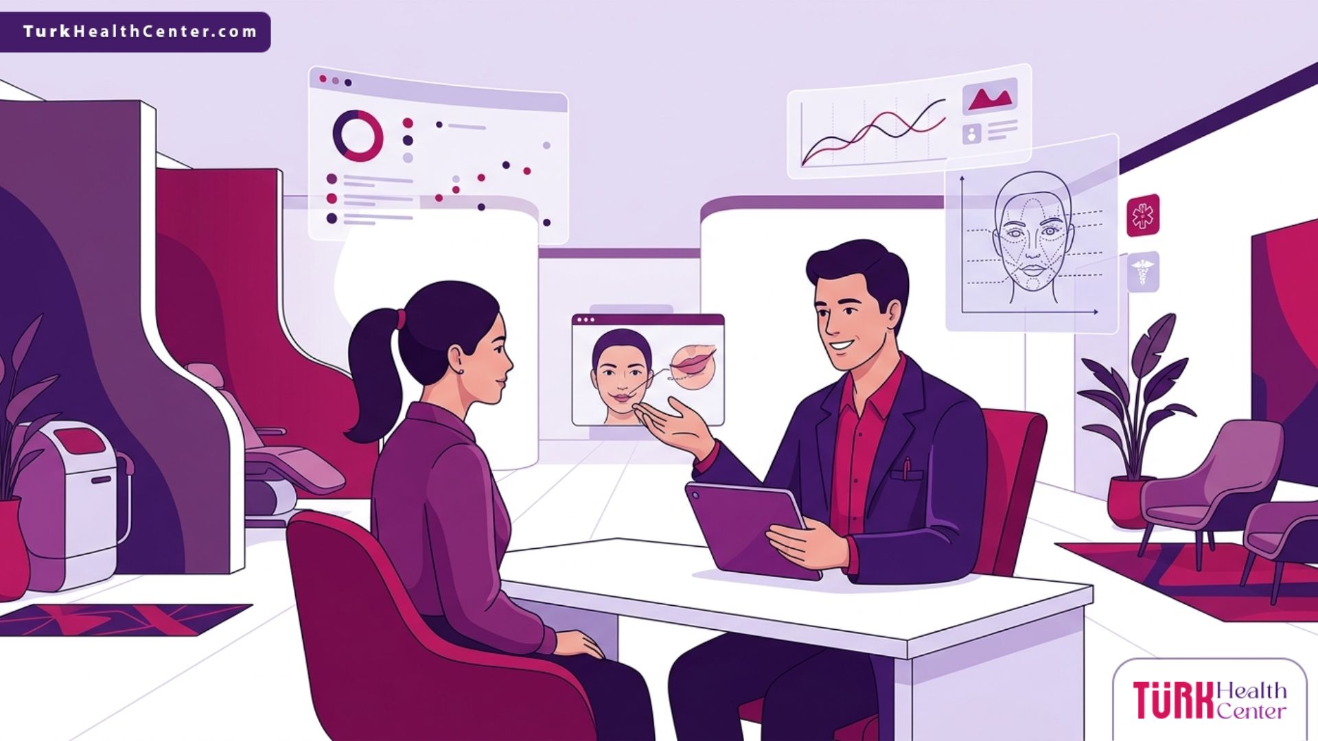رسم توضيحي لطبيب في عيادة تجميل يشرح للمريض استفسار هل عملية رفع زوايا الفم تترك ندوباً؟