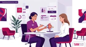 رسوم توضيحية فاخرة لطبيب يشرح إجراءات وشم العين الطبي في تركيا لمريض داخل عيادة عصرية 
