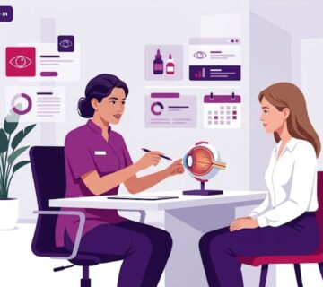 رسوم توضيحية فاخرة لطبيب يشرح إجراءات وشم العين الطبي في تركيا لمريض داخل عيادة عصرية 