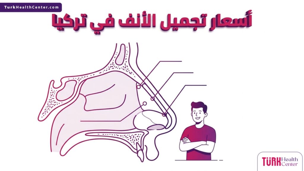 مخطط طبي تشريحي يوضح البنية الداخلية للأنف وتعديل الغضاريف بالتوازي مع استعراض أسعار تجميل الأنف في تركيا.