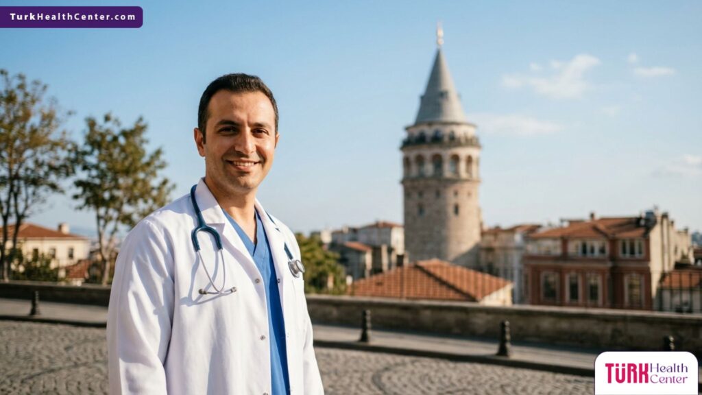 طبيب تجميل يقف بثقة أمام برج غلاطة في إسطنبول، في إشارة إلى جودة الخدمات المرتبطة بـ أسعار تجميل الأنف في تركيا.