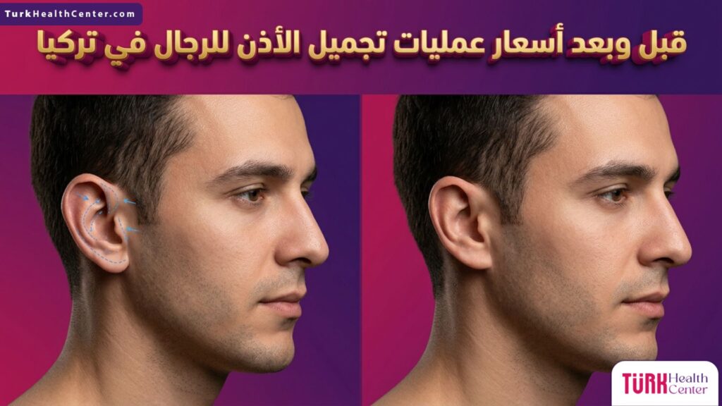 مقارنة قبل وبعد توضح نتائج وتأثير أسعار عمليات تجميل الأذن للرجال في تركيا على مظهر المريض.