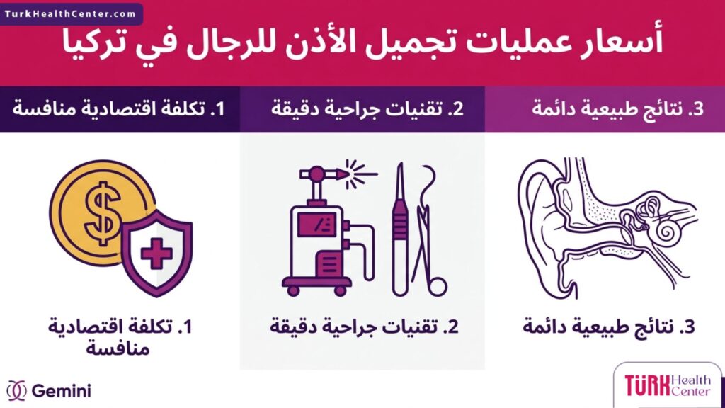 بوستر إنفوجرافيك منظم يستعرض الركائز الأساسية التي تحدد أسعار عمليات تجميل الأذن للرجال في تركيا ومميزاتها.