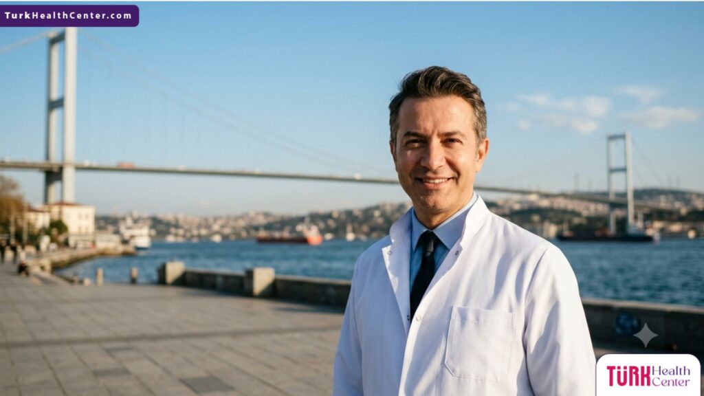 طبيب متخصص في تجميل الأذن بالليزر للأطفال يقف أمام جسر البوسفور في إسطنبول.