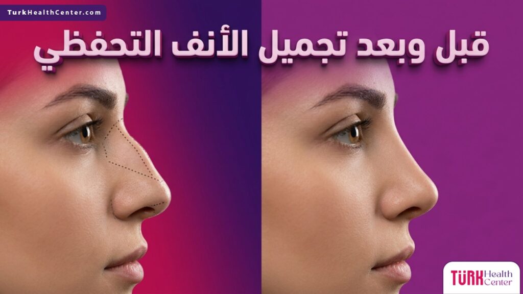 صورة مقسمة تظهر الملامح الجانبية للأنف قبل وبعد تجميل الأنف التحفظي مع العلامات الطبية التوجيهية.