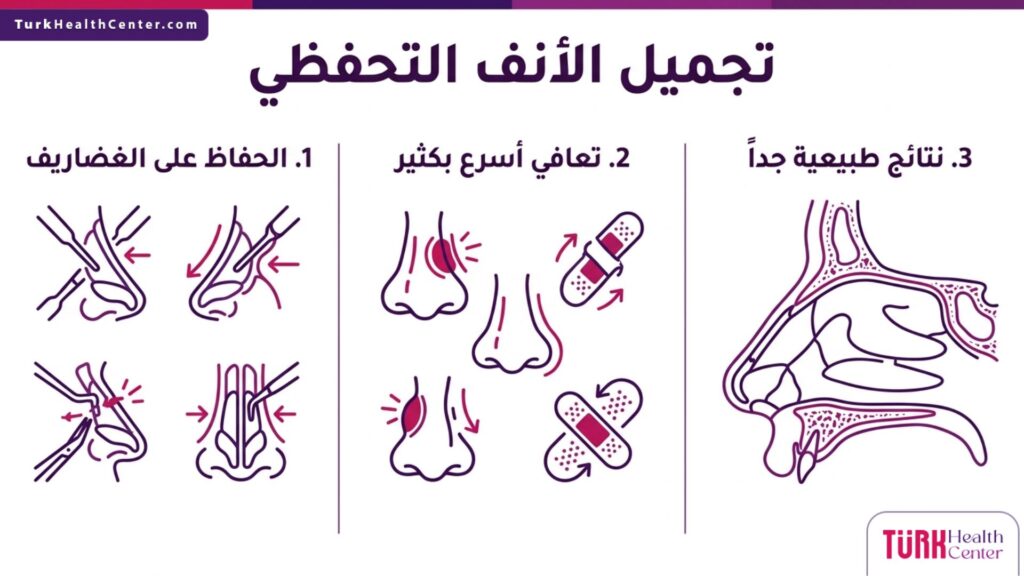 إنفوجرافيك طبي تفصيلي يشرح أهم المزايا الثلاثة لعملية تجميل الأنف التحفظي ومراحل الشفاء.