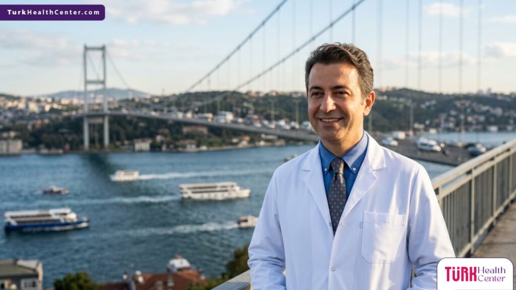 طبيب جراحة تجميل متخصص في تجميل الأنف التحفظي يقف بثقة أمام جسر البوسفور في إسطنبول.