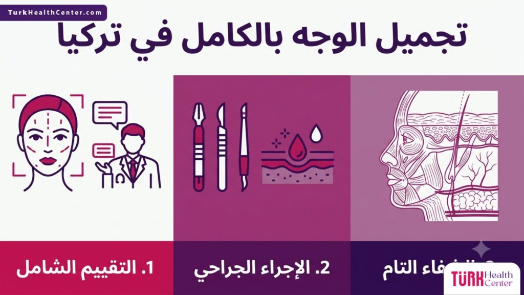 إنفوجرافيك يوضح الخطوات الثلاث الأساسية لعملية تجميل الوجه بالكامل في تركيا.