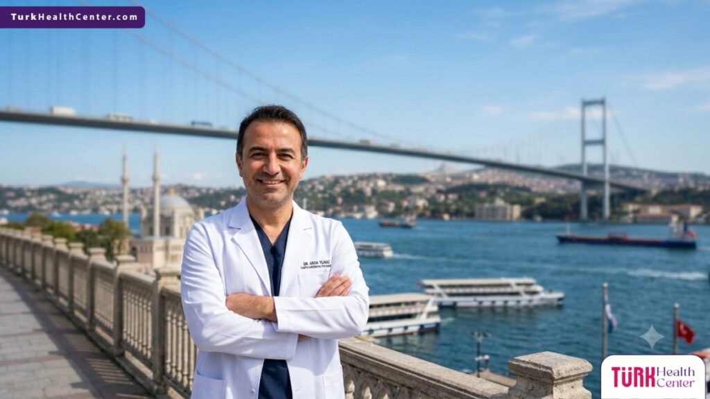 طبيب جراحة تجميل متخصص يقف بثقة أمام جسر البوسفور، رمزاً لخبرة تجميل الوجه بالكامل في تركيا.