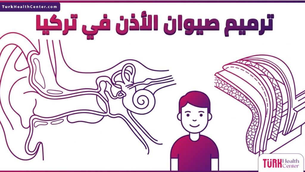 إنفوجرافيك طبي يوضح التشريح الداخلي لغضاريف الأذن وتقنيات ترميم صيوان الأذن في تركيا بأسلوب علمي دقيق.