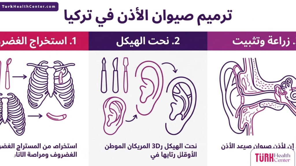 إنفوجرافيك يوضح الخطوات الأساسية الثلاث لعملية ترميم صيوان الأذن في تركيا بدءاً من استخراج الغضروف وحتى زراعته.