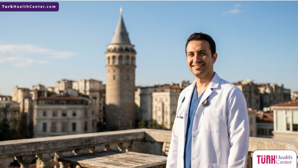 طبيب جراحة تجميلية متخصص في ترميم صيوان الأذن في تركيا يقف بثقة أمام برج غلطة في اسطنبول.