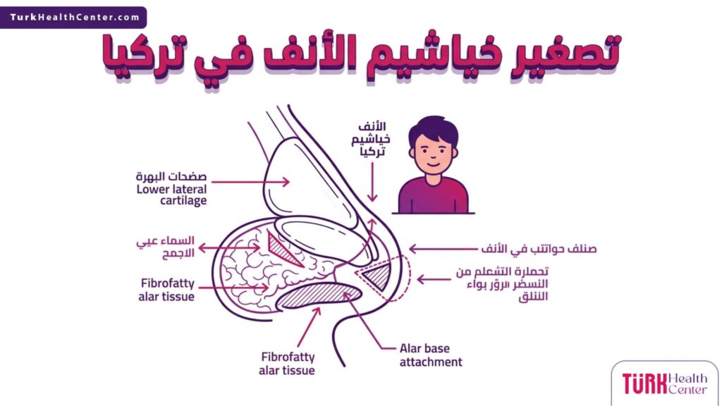 مخطط إنفوجرافيك تشريحي دقيق يوضح بنية الغضاريف السفلية وتفاصيل جراحة تصغير خياشيم الأنف في تركيا.