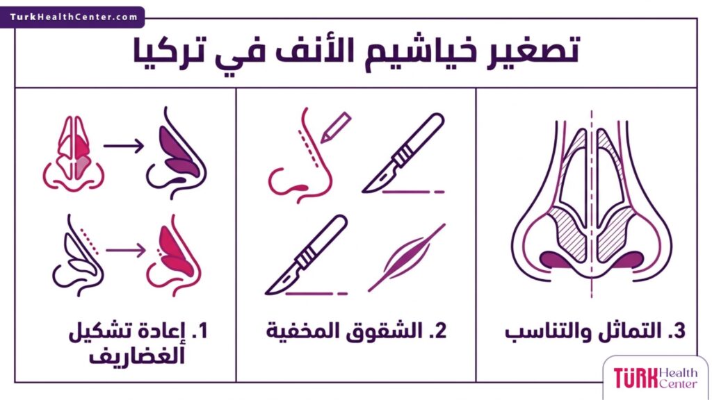 إنفوجرافيك طبي مقسم يوضح المراحل الرئيسية والخطوات لنجاح عملية تصغير خياشيم الأنف في تركيا.