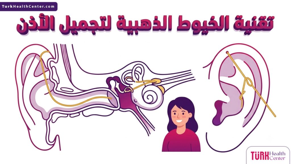 إنفوجرافيك طبي يوضح التشريح الداخلي وتوزيع الخيوط في تقنية الخيوط الذهبية لتجميل الاذن