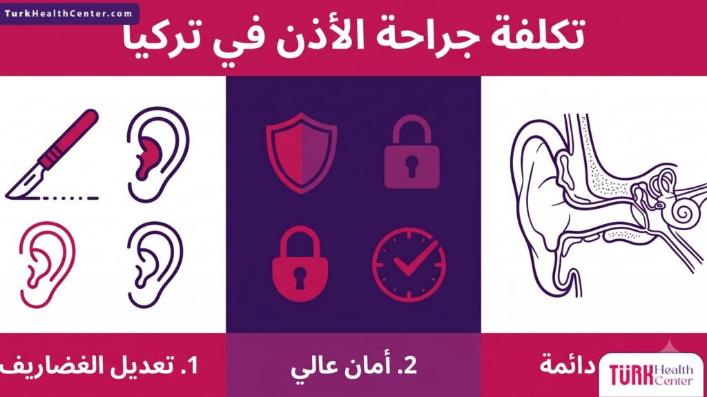 انفوجرافيك طبي مقسم لثلاثة أقسام يشرح الجوانب التشريحية والنتائج المتوقعة مقابل تكلفة جراحة الأذن في تركيا