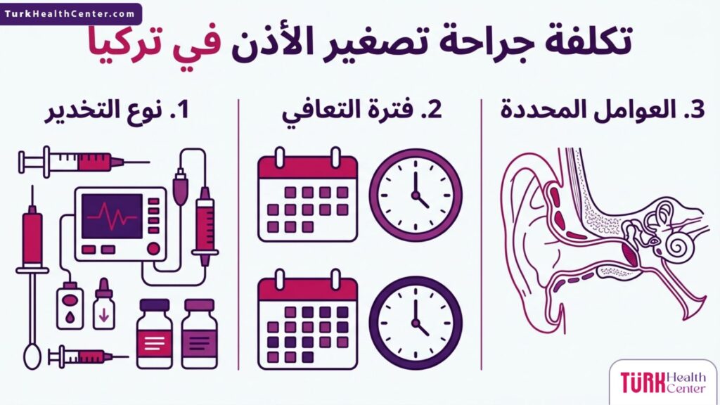 بوستر إنفوجرافيك مقسم يوضح العوامل الأساسية التي تحدد تكلفة جراحة تصغير الأذن في تركيا