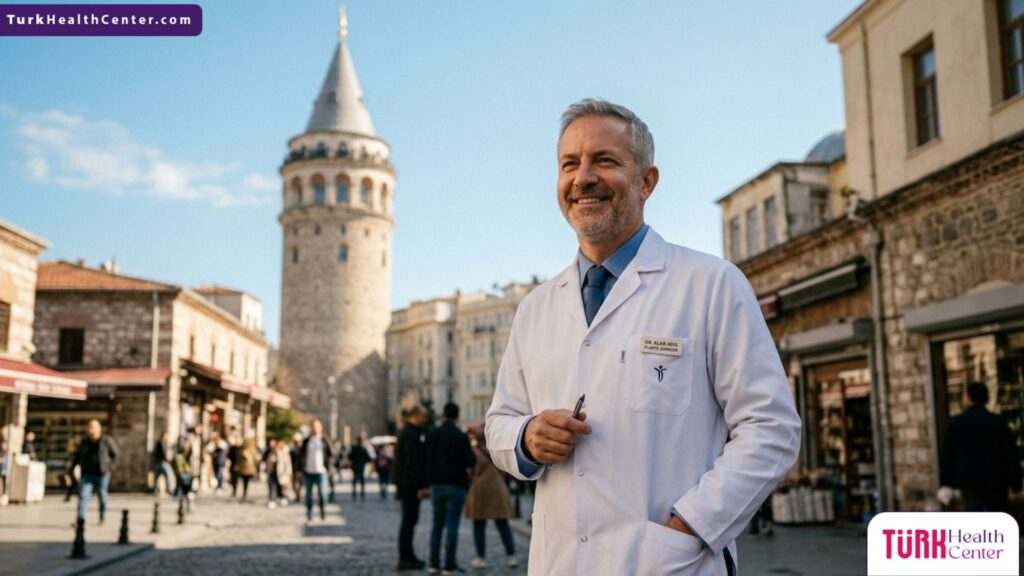 طبيب جراحة تجميلية يقف أمام برج غلاطة في إسطنبول كرمز للخدمات الطبية المرتبطة بتكلفة جراحة تصغير الأذن في تركيا