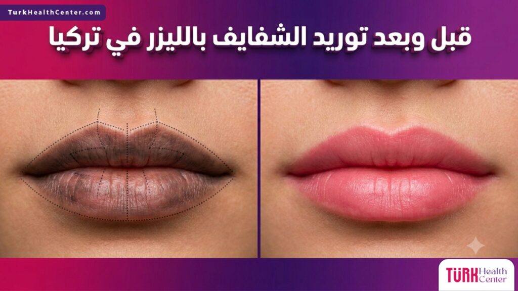 مقارنة قبل وبعد إجراء توريد الشفايف بالليزر في تركيا توضح تفتيح التصبغات والحصول على شفاه وردية نضرة.