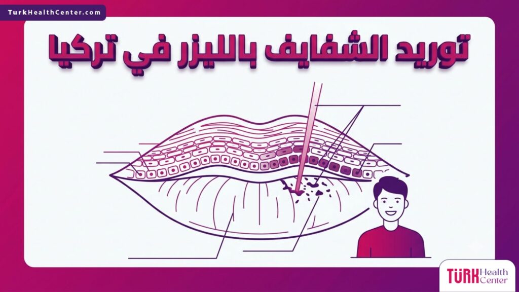 رسم توضيحي طبي ثلاثي الأبعاد يُظهر كيفية اختراق ليزر توريد الشفايف بالليزر في تركيا لطبقات الجلد لاستهداف الميلانين.