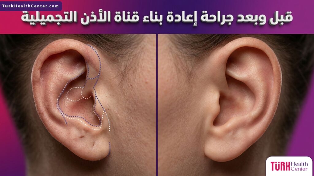 مقارنة قبل وبعد تظهر نتائج جراحة إعادة بناء قناة الأذن التجميلية بدقة طبية عالية