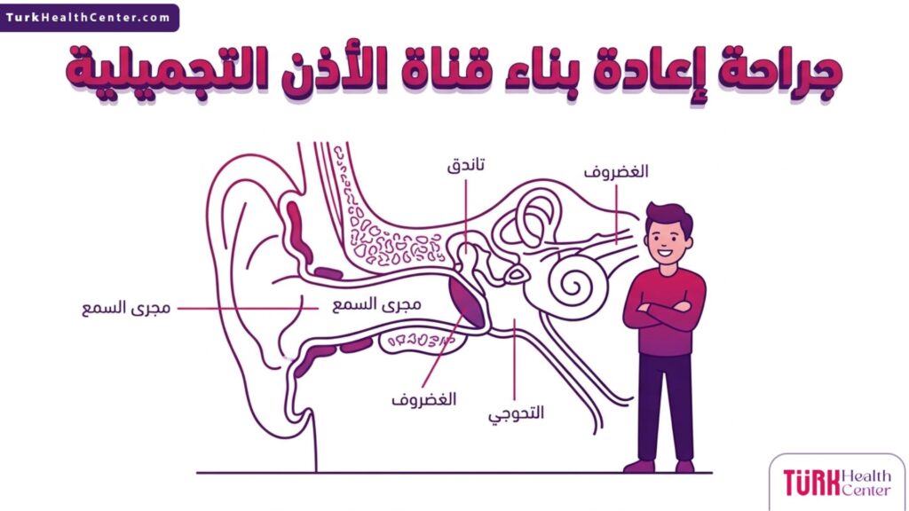 مخطط تشريحي دقيق يشرح تركيبة الأذن من الداخل ضمن جراحة إعادة بناء قناة الأذن التجميلية