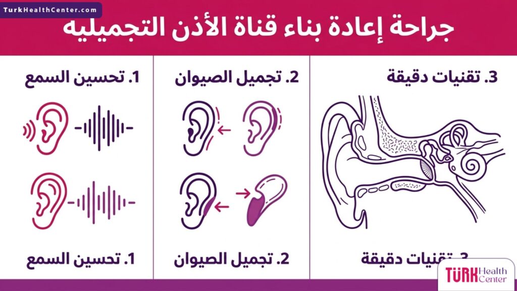 إنفوجرافيك طبي يشرح فوائد وخطوات جراحة إعادة بناء قناة الأذن التجميلية