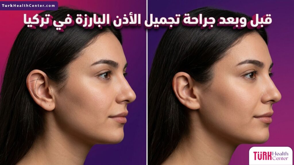 صورة واقعية مقسمة تظهر المريض قبل وبعد إجراء جراحة تجميل الأذن البارزة في تركيا مع علامات الجراحة.